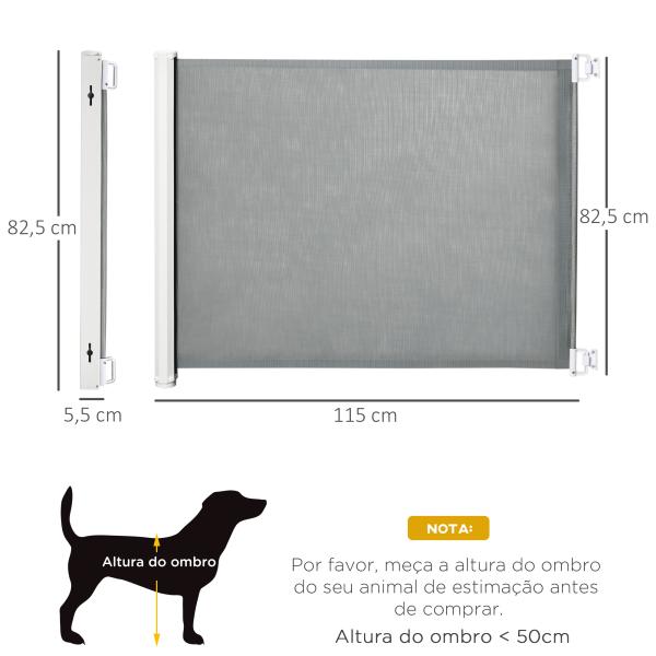 Barreira de Segurança para Cães Extensível Grade Retrátil para Animais de Estimação com Extensão Aço e Tecido de Textilene para Escadas e Portas 5,5 - 115x5,5x82,5cm Cinza