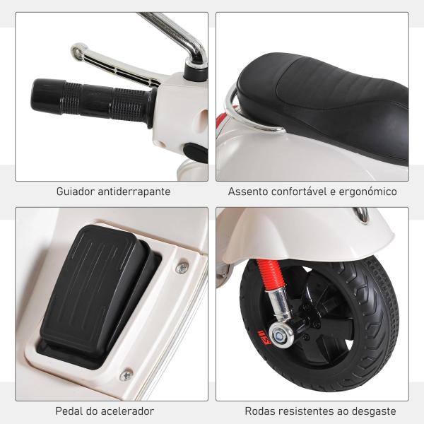 Mota Elétrica para Crianças com Licença Vespa com Música Velocidade 2 - 3 km/h e Buzina 102x50,5x75,5 cm Branco