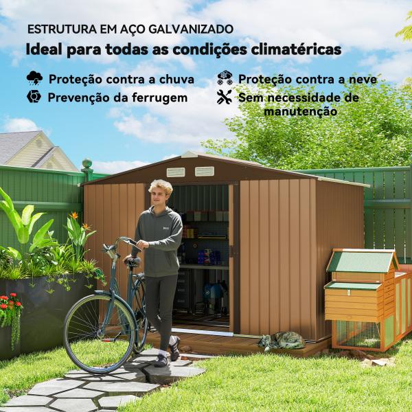 Abrigo de Jardim Exterior 4,83 m² 277x195x192 cm Abrigo e Jardim Metálico para Armazenamento de Ferramentas com Base Incluída e 4 Janelas Castanho