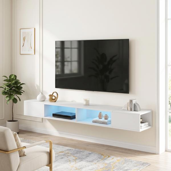 Móvel de TV Suspenso com Luzes LED e Estantes Abertas para Televisão até 75'' 177,8x30x18 cm Branco