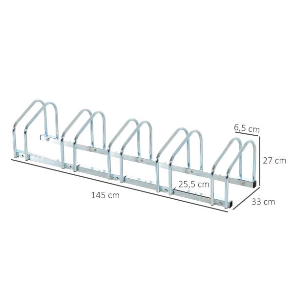 Estacionamento para 5 Bicicletas Suporte de Aço para Estacionar Bicicletas no Chão para Interior e Exterior 145x33x27cm Prata