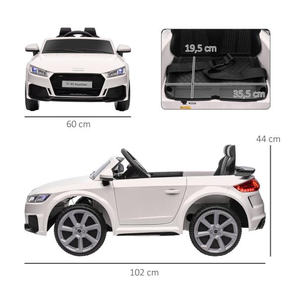 Carro Elétrico Audi TT para Crianças acima de 3 Anos com Controlo Remoto Música e Luzes Bateria 12V 102x60x44 cm Branco