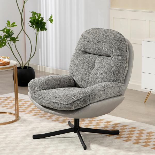 Poltrona Giratória Moderna com Base Cruzada Estofada em Chenille e Couro PU Assento Largo Duplo Pernas de Aço 78x95x99 cm Cinza