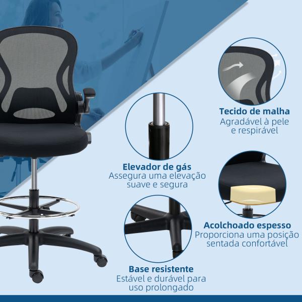 Cadeira de Escritório com Suporte Lombar Apoio para os Braços Dobrável e Altura Ajustável 59x65x102 - 122 cm Preto