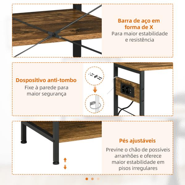 Estante de Cozinha Estilo Industrial com Tomada Elétrica Prateleiras Ajustáveis Ganchos e Cesta Metálica 90x40x83 cm Marrom Rústico