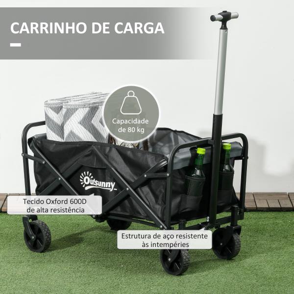 Carrinho de Transporte Carrinho Dobrável com 4 Rodas Capacidade 70 L Carga 80 kg para Jardim Praia Campismo Preto