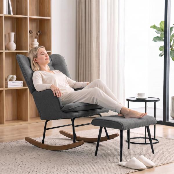Conjunto de Poltrona Baloiço com Apoio para os Pés Poltrona Relax com Almofada Acolchoada e Anti - Tombo 64x89x90 cm Cinza