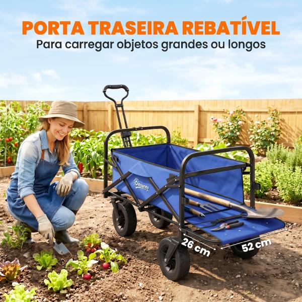 Carrinho de Transporte Dobrável para Jardim com Guiador Telescópico Capacidade 100 kg 99x57x77 - 100 cm Azul Escuro