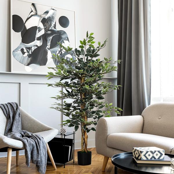 Ficus Artificial com Troncos Planta Artificial com Vaso e 702 Folhas Realistas para Ø15x130 cm Verde