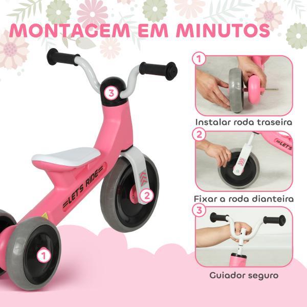 Bicicleta sem Pedais para Crianças dos 12 aos 36 Meses Bicicleta de Equilíbrio com Guiadores com Rotação Limitada a 60° 69x40x49 cm Rosa