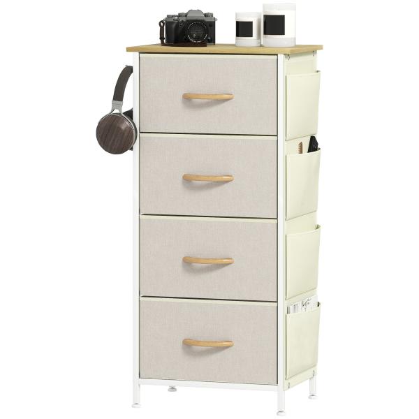 Cómoda Alta de Tecido com 4 Gavetas 4 Bolsos Laterais 2 Ganchos e Estrutura de Aço 45x30x94,5 cm Bege