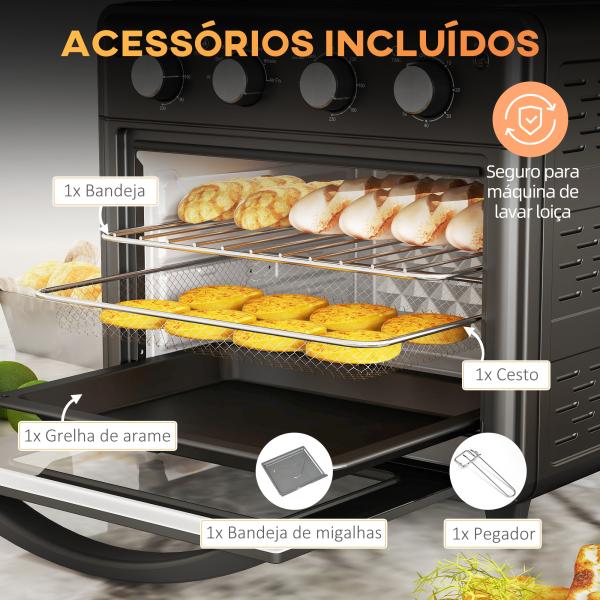 Mini Forno Elétrico 30L 1600W Mini Forno de Convecção com 7 Modos Temporizador e Temperatura Ajustável 43x39x39 cm Preto