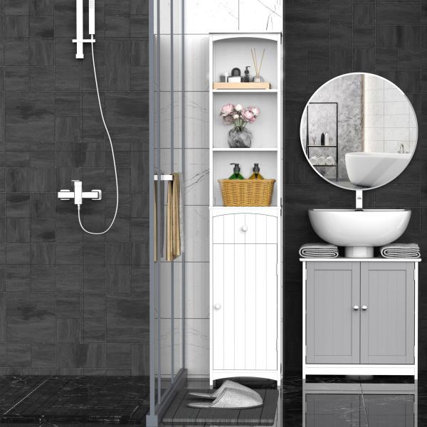 Armário de coluna multiuso branco para banheiro com prateleiras 34x24x170cm 3 prateleiras 1 porta e 1 gaveta