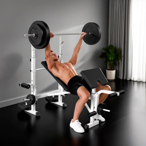 Banco de Musculação Multifuncional Inclinável com Suporte para Barra Ajustável Extensão de Pernas Curl de Predicador 180x134x113 - 136 cm Preto