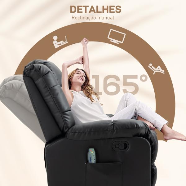 Poltrona de Massagem Poltrona Relax Reclinável com 8 Pontos de Massagem Controlo Remoto Estofada em PU 94x99x99 cm Preto