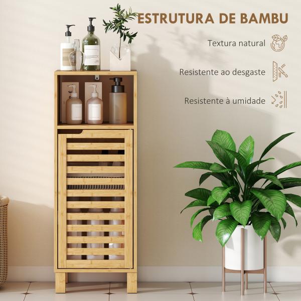 Armário de Casa de Banho Estreito Móvel Auxiliar de Casa de Banho com Porta de Ripas Prateleira Aberta 60x30x108 cm Madeira