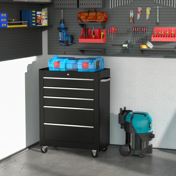 Carrinho de Ferramentas para Oficina com Rodas e 5 Gavetas Fechadura e Alça Lateral 61,5x33x85 cm Preto