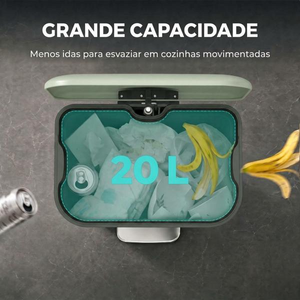 Caixote do Lixo de Cozinha 20 L em Aço Galvanizado com Tampa de Fecho Suave Pedal Balde Removível e Acabamento Anti - impressões Digitais Verde Claro