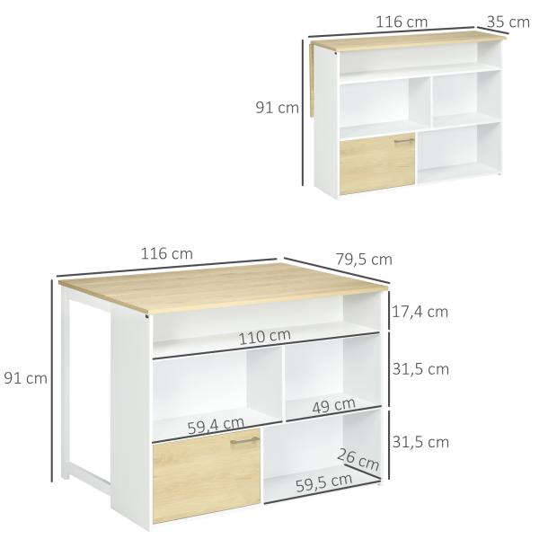 Mesa Alta Extensível com Lateral Dobrável Mesa de Bar com Compartimentos de Armazenamento e 1 Armário 116x79,5x91 cm Branco