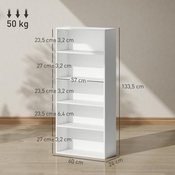 Estante de 5 Níveis Estante para Livros com 2 Prateleiras Ajustáveis para Sala de Estar Escritório Quarto 60x24x133,5 cm Branco