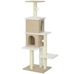 Arranhador para Gatos em Borrego com 2 Cavernas Plataformas Bolas Suspensas e Poste de Sisal 48x40x140 cm Marrom Claro