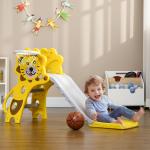 Escorrega para Crianças 2 em 1 com 2 Degraus Cesta de basquetebol e Desenho de Leão para Interior 131x50x74 cm Amarelo e Cinza