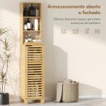 Coluna Casa de Banho de Bambu com 3 Prateleiras Abertas Portas de Ripas Prateleiras Ajustáveis 34x30x170 cm Madeira