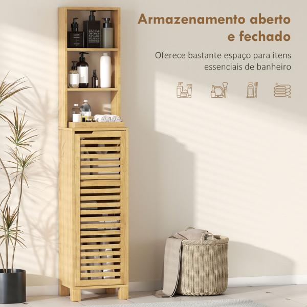 Coluna Casa de Banho de Bambu com 3 Prateleiras Abertas Portas de Ripas Prateleiras Ajustáveis 34x30x170 cm Madeira
