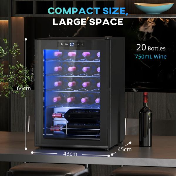 Frigorífico para Vinhos 20 Garrafas com Compressor, Porta Anti - UV, 5 - 18 °C, Painel Tátil, Luz LED, 39 dB, Preto