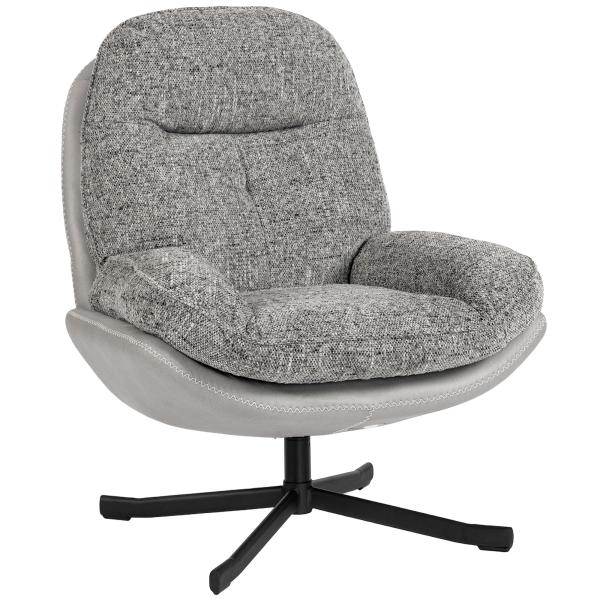 Poltrona Giratória Moderna com Base Cruzada Estofada em Chenille e Couro PU Assento Largo Duplo Pernas de Aço 78x95x99 cm Cinza