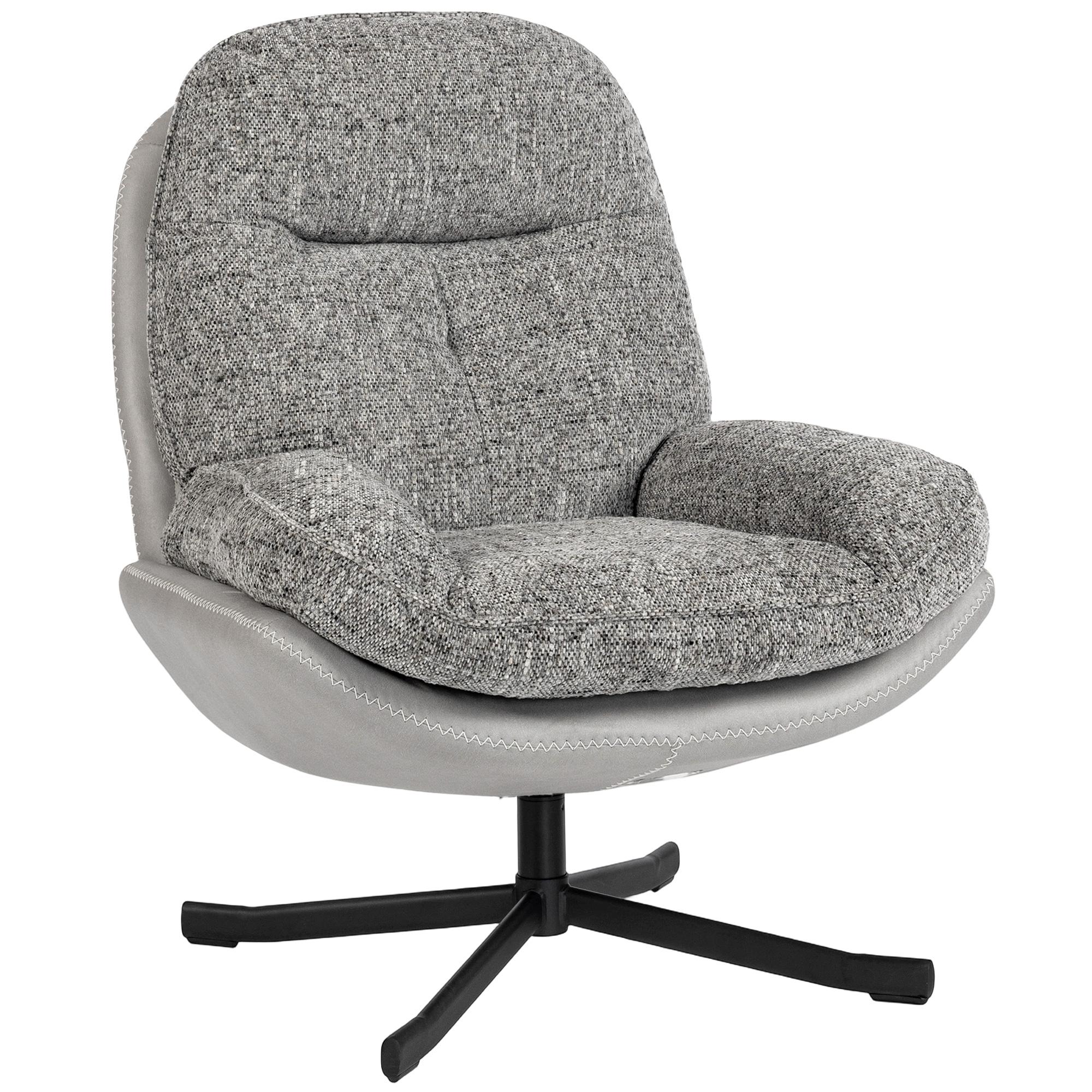 Poltrona Giratória Moderna com Base Cruzada Estofada em Chenille e Couro PU Assento Largo Duplo Pernas de Aço 78x95x99 cm Cinza