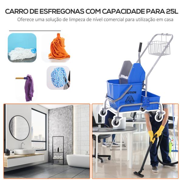 Carro de Limpeza Profissional com Rodas Balde de Esfregona Removível de 25L Espremedor Cesto e Cubeta 72x49,5x95 cm Azul