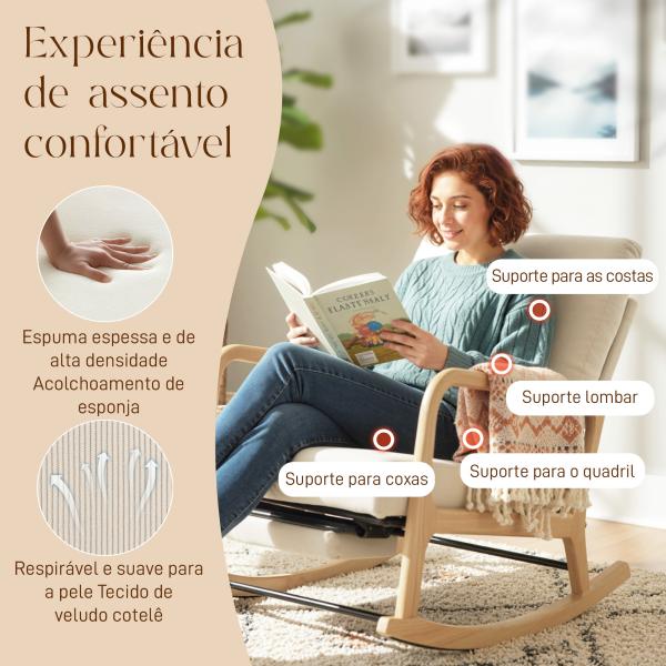 Poltrona Baloiço com Encosto Ajustável de Veludo Cotelê Nórdica Pés de Madeira Braços Almofada Lombar 70x89x97,5 cm Creme