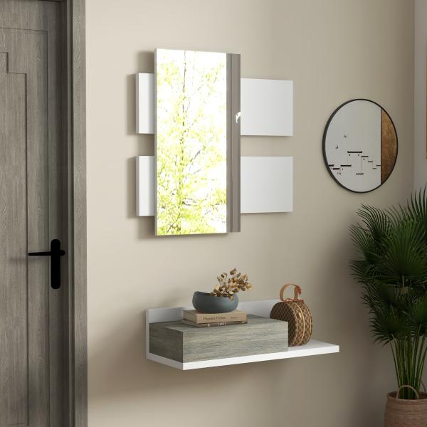 Conjunto de Móveis de Entrada com Espelho e Gaveta Móvel de Entrada Suspenso Estilo Moderno 75x3,5x75 cm e 75x30,5x20 cm Branco e Cinza