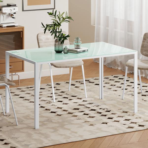 Mesa de Refeição de Vidro Mesa Retangular para 6 Pessoas com Pés de Metal 140x80x75 cm Branco