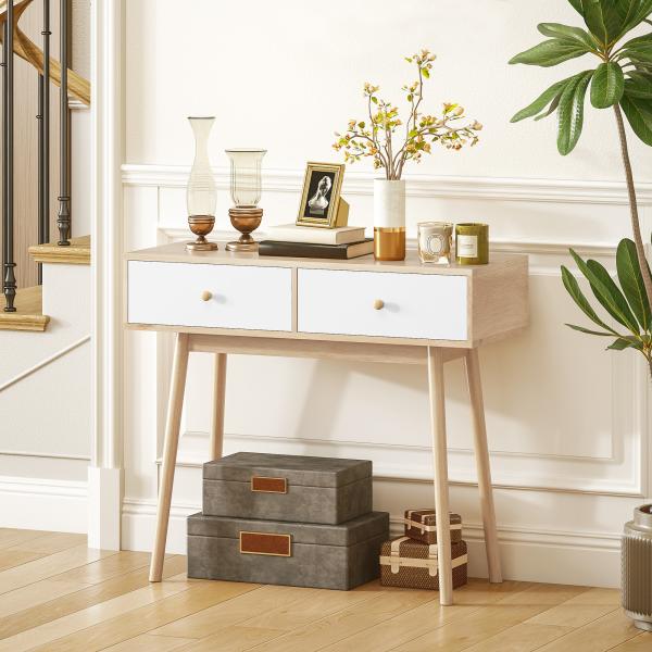 Mesa Consola Moderna Consola de Entrada Estreita com 2 Gavetas para Corredor Entrada Sala ou Dormitório 86x35x75 cm Carvalho