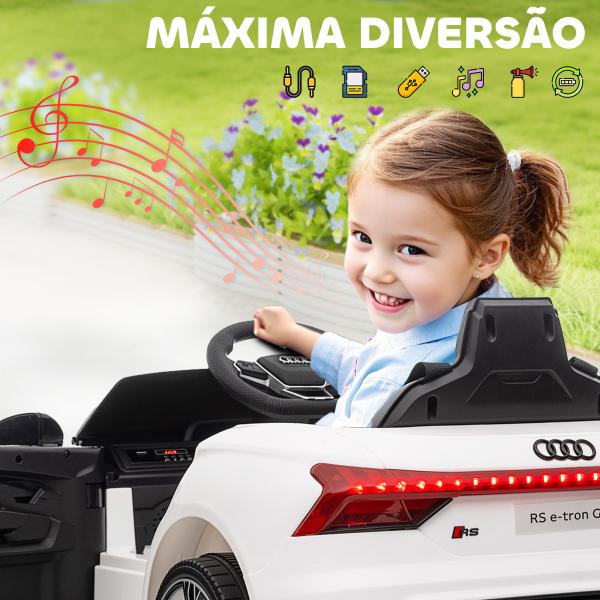 Carro Elétrico AUDI RS E - Tron GT 12V com 2 Motores Controlo Remoto Faróis LED Buzina Música USB 3 - 5km/h 103x58x41cm Branco