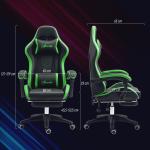Cadeira Gaming Reclinável até 135° com Suporte Lombar Altura Ajustável Almofada de Cabeça e Apoio para os Pés Retrátil 65x65x121 - 129 cm Preto e Verde