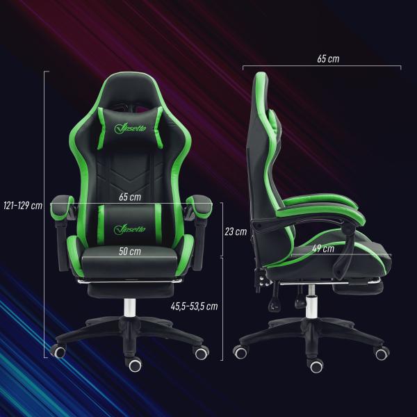 Cadeira Gaming Reclinável até 135° com Suporte Lombar Altura Ajustável Almofada de Cabeça e Apoio para os Pés Retrátil 65x65x121 - 129 cm Preto e Verde