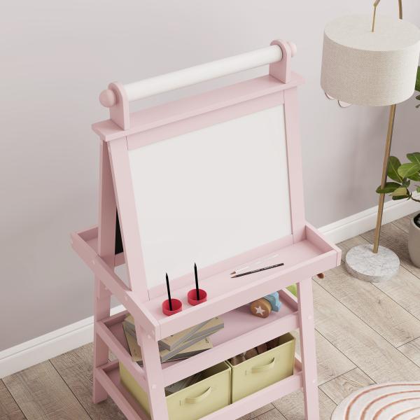 Cavalete de Pintura Infantil 3 em 1 Quadro Dupla Face com Rolo de Papel e Cestos de Arrumação Rosa