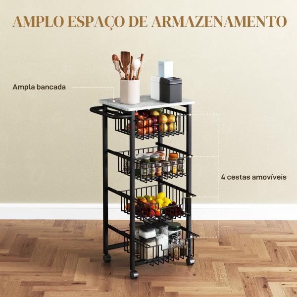 Fruteira para Cozinha Carrinho de Cozinha com 4 Cestas e Estrutura de Aço 49,5x31x91 cm Cinza Claro