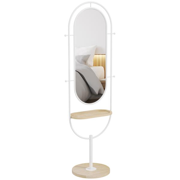 Espelho de Pé 50x175,5 cm Espelho de Corpo Inteiro com Bandeja de Madeira 4 Ganchos e Estrutura de Metal 50x40x175,5 cm Branco