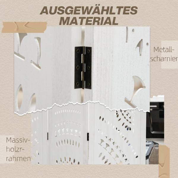 Biombo Dobrável de 3 Painéis de Madeira 120x170 cm Biombo Separador de Ambientes com Padrões Gravados Elegantes Branco