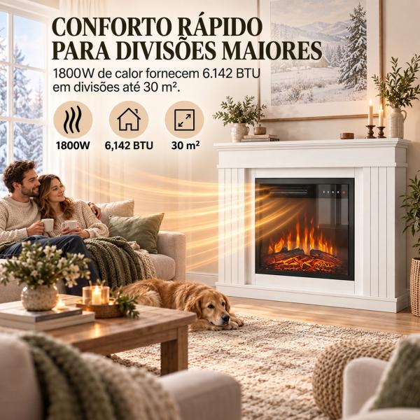 Lareira Elétrica Decorativa 1800W com Prateleira, Efeito de Chama, 5 Níveis de Brilho, Termóstato, Temporizador e Comando, para TV até 38", Branco