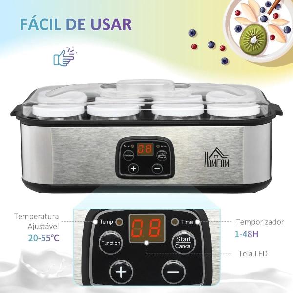 Iogurteira 30W Volume 1,44L com 8 Frascos de Cristal de 180ml Termostato Ajustável Temporizador de 1 - 48 Horas e Desligado Automático 36x18,8x14cm Prata