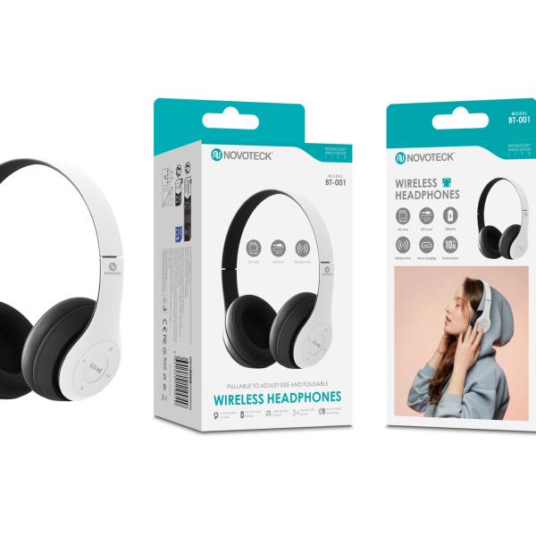 Auscultadores Sem Fios NOVOTECK BT - 001 Branco, Bluetooth V4.2, 300mAh, Dobráveis, Entrada SD, AUX e Carregamento Micro USB