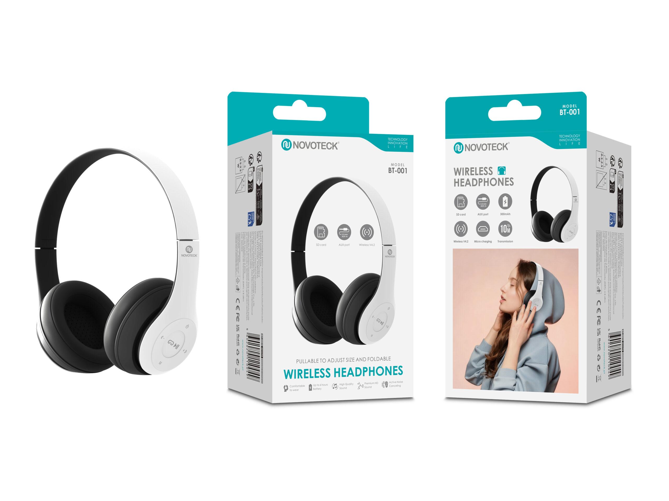 Auscultadores Sem Fios NOVOTECK BT - 001 Branco, Bluetooth V4.2, 300mAh, Dobráveis, Entrada SD, AUX e Carregamento Micro USB