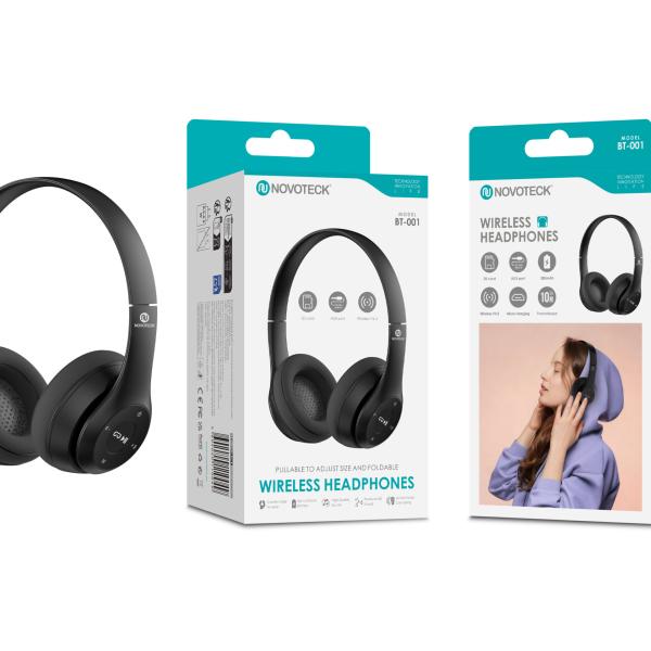 Auscultadores Sem Fios NOVOTECK BT - 001 Preto, Bluetooth V4.2, 300mAh, Dobráveis, Entrada SD, AUX e Carregamento Micro USB