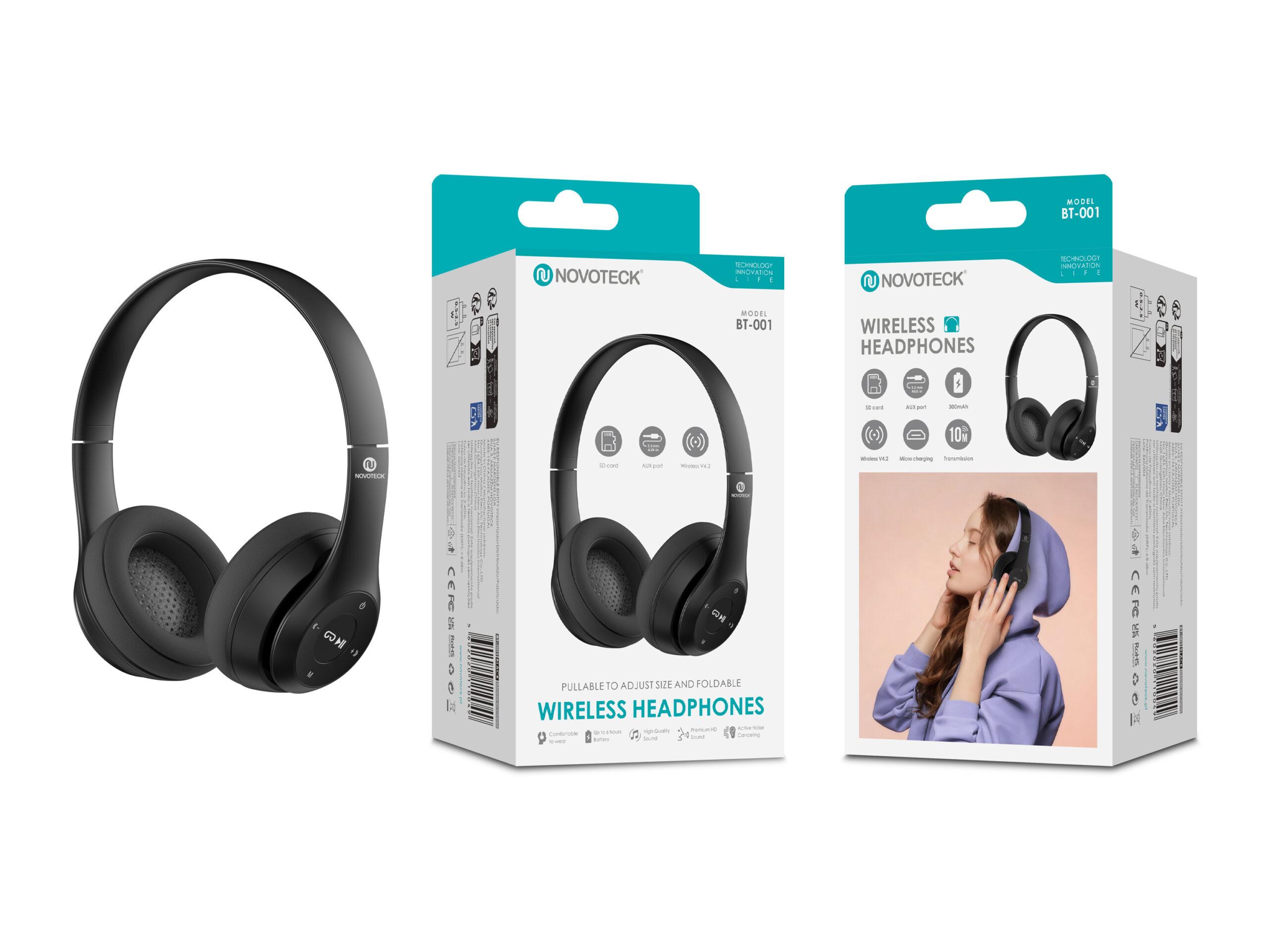 Auscultadores Sem Fios NOVOTECK BT - 001 Preto, Bluetooth V4.2, 300mAh, Dobráveis, Entrada SD, AUX e Carregamento Micro USB