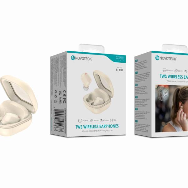 Auriculares Bluetooth TWS Beje BT - 008 – Estojo de Carregamento, Design Compacto